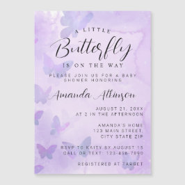 Invitación Magnética Un pequeño Baby Shower morado de mariposa