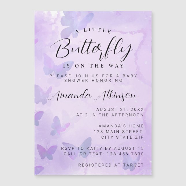 Invitación Magnética Un pequeño Baby Shower morado de mariposa (Anverso)