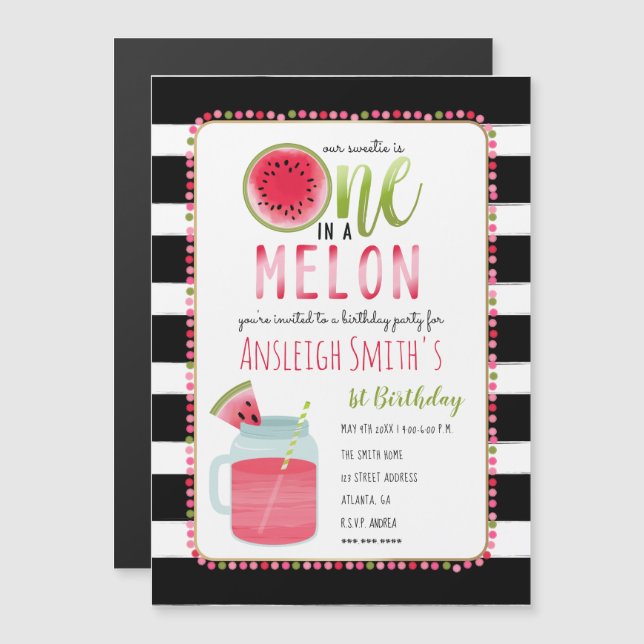 Invitación Magnética Uno En Melón Melón Mason Jar Primer Cumpleaños (Anverso/Reverso)