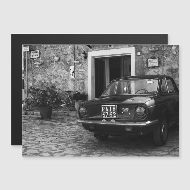 Invitación Magnética Vehículo FIAT de época en Italia monocromo (Anverso/Reverso)