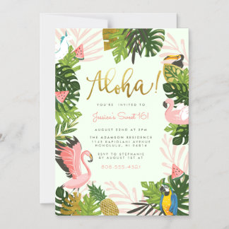 Invitación Magnética Verde | Aloha Hawaii Tropical Gold Birday Party