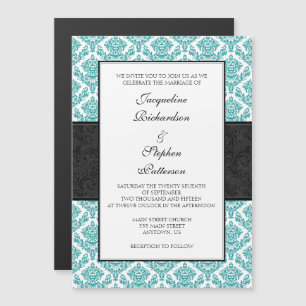 Invitación Magnética Verde azulado Blue Black Damask Magnetic Wedding I
