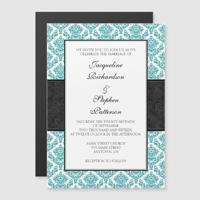 Invitación Magnética Verde azulado Blue Black Damask Magnetic Wedding I (Anverso/Reverso)
