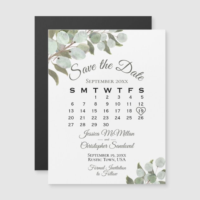 Invitación Magnética Verde boda Guardar el calendario de fechas blanco (Anverso/Reverso)