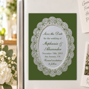Invitación Magnética Verde Oliva Vintage Encaje Boda Guardar la Fecha