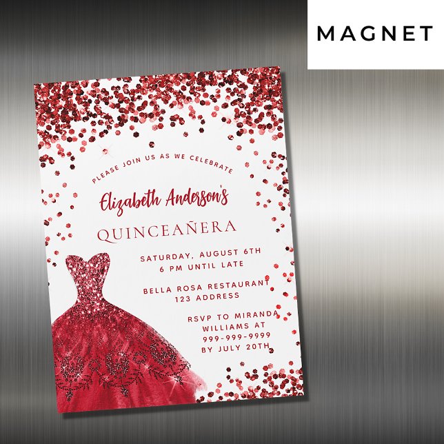 Invitación Magnética Vestido blanco rojo Quinceanera respira lujo (Subido por el creador)