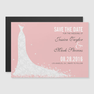 Invitación Magnética Vestido de Boda de encaje blanco y rosado Guardar