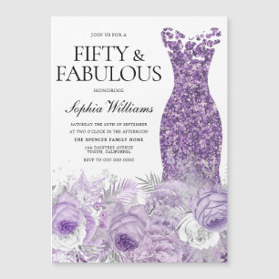 Invitación Magnética Vestido morado Floral Cincuenta y fabuloso cumplea
