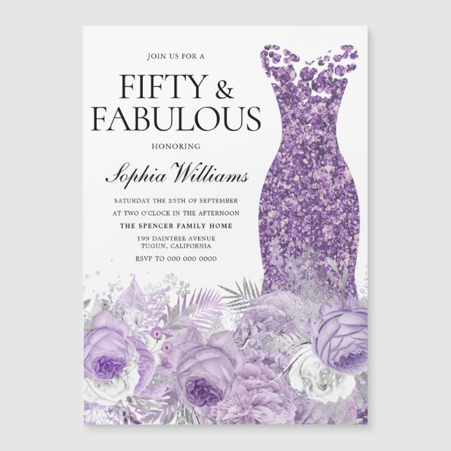 Invitación Magnética Vestido morado Floral Cincuenta y fabuloso cumplea (Anverso)