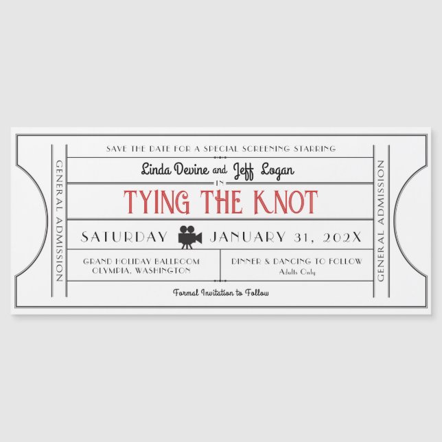 Invitación Magnética Vintage Film Ticket Save the Date (Anverso)