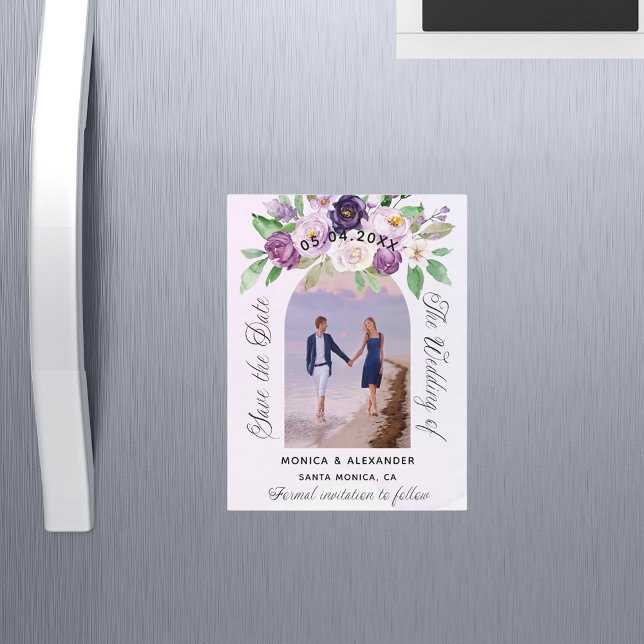 Invitación Magnética Violet florals foto boda guardar fecha (Subido por el creador)