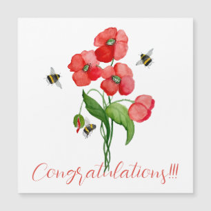 Invitación Magnética Watercolor scarlet poppy flowers and cute bumblebe