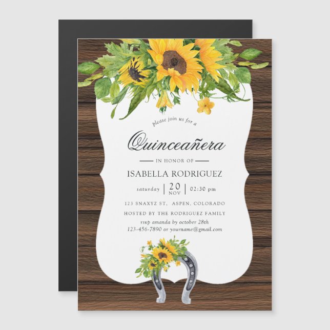 Invitación Magnética Watercolor Sunflower Rustic Western Quinceañera (Anverso/Reverso)