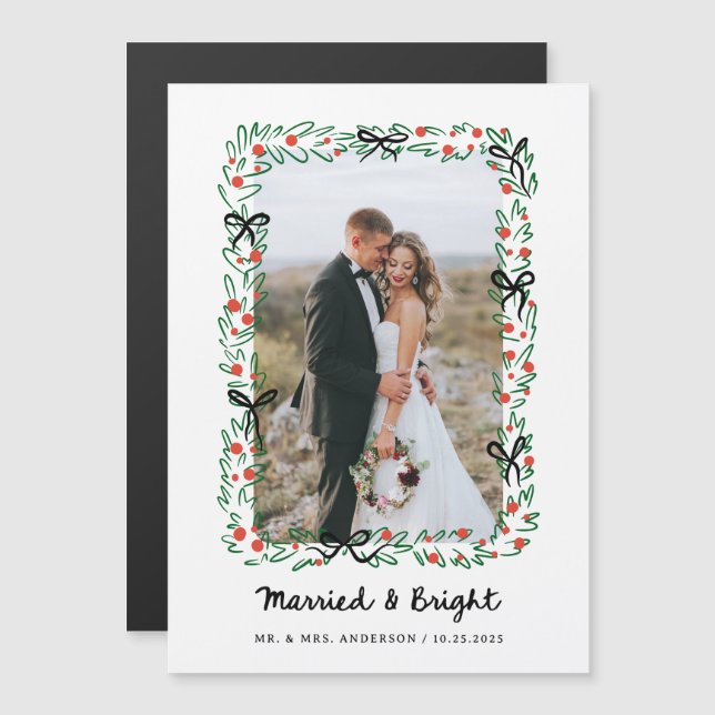 Invitación Magnética Whimsical Frame and Bow | Photo Married and Bright (Anverso/Reverso)