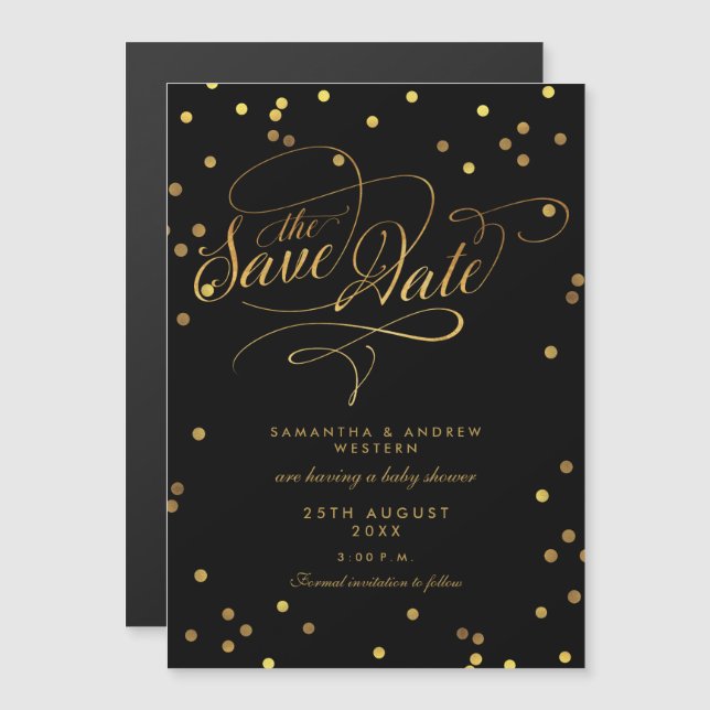 Invitación Magnética Whimsical Gold Confetti Baby Shower Save The Date (Anverso/Reverso)