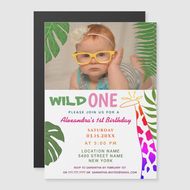 Invitación Magnética Wild ONE 1er cumpleaños Safari de la Selva Giraffe (Anverso/Reverso)