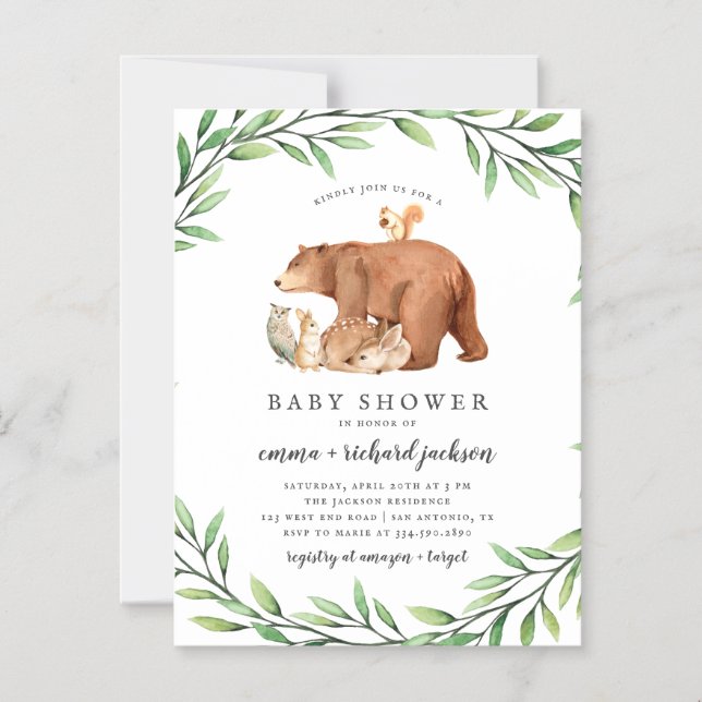 Invitación Magnética Woodland Greenery Forest Animals Baby Shower (Anverso)
