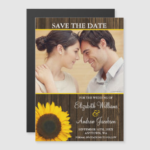 Invitación Magnética Yellow Sunflower Barn Wood Photo Save the Date
