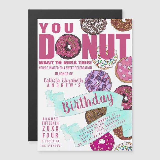 Invitación Magnética Yummy Cute Rosa Donuts Verde azulados acuarela Cum (Anverso/Reverso)