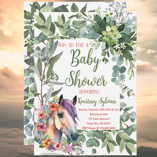 Invitación Magnífica acuarela Floral Horse Baby Shower (Horse Lovers Baby Shower Invitation)