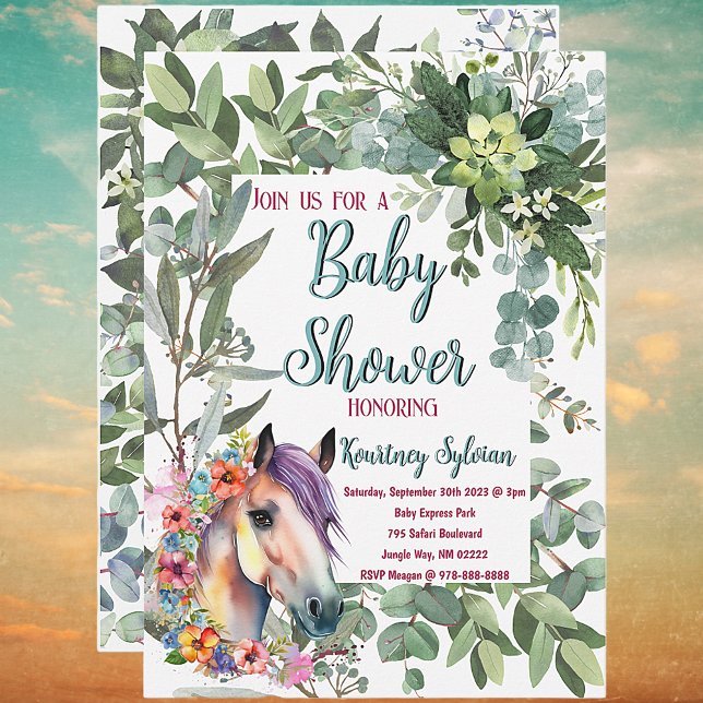 Invitación Magnífica acuarela Floral Horse Baby Shower (Horse Lovers Baby Shower Invitations )