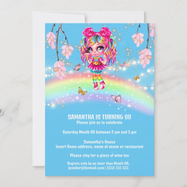 Invitación Magnífica arcoiris chica fantasía luces brillantes (Anverso)