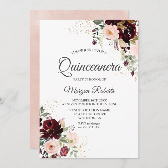 Invitación Magnífica Burgundy Rubor Floral de vino rojo Quinc (Anverso / Reverso)