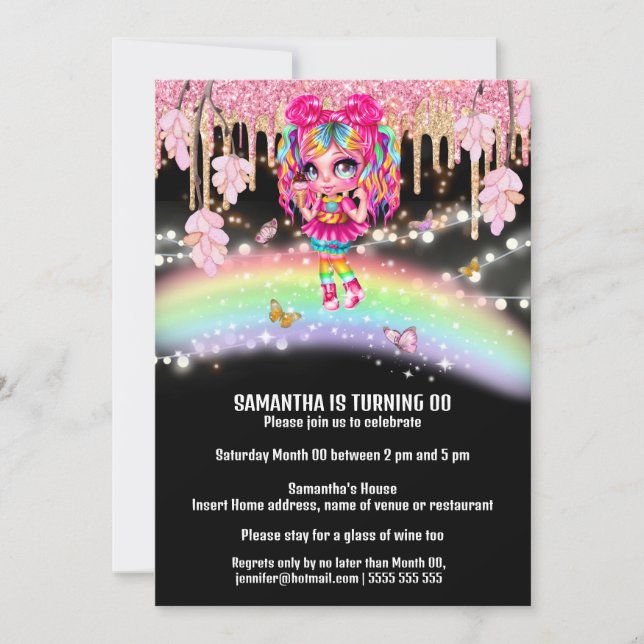 Invitación Magnífica chica arcoíris fantasía purpurina luces  (Anverso)