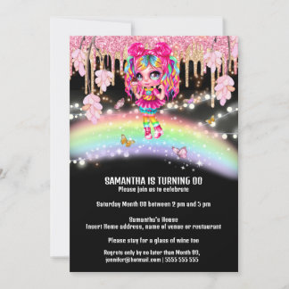 Invitación Magnífica chica arcoíris fantasía purpurina luces