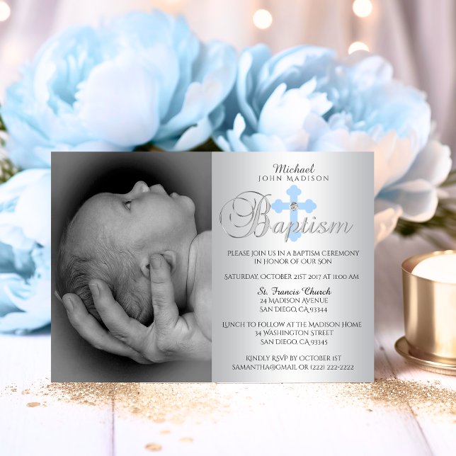 Invitación Magnífica cruz azul de plata bautizado bautismo de (Gorgeous Silver Blue Cross Boy PHOTO Baptism Invitation)