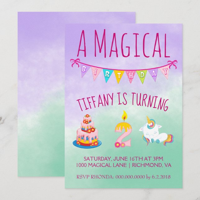 Invitación Magnífica fiesta de cumpleaños de dos años de Unic (Anverso / Reverso)
