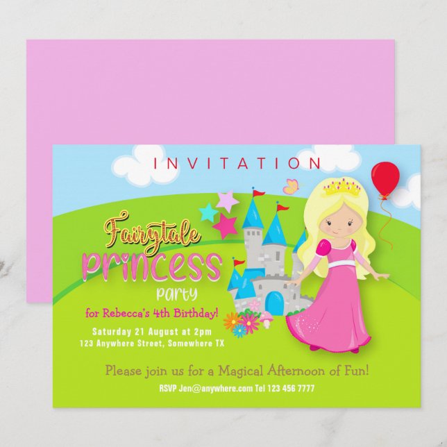 Invitación Magnífica fiesta de cumpleaños de princesa (Anverso / Reverso)