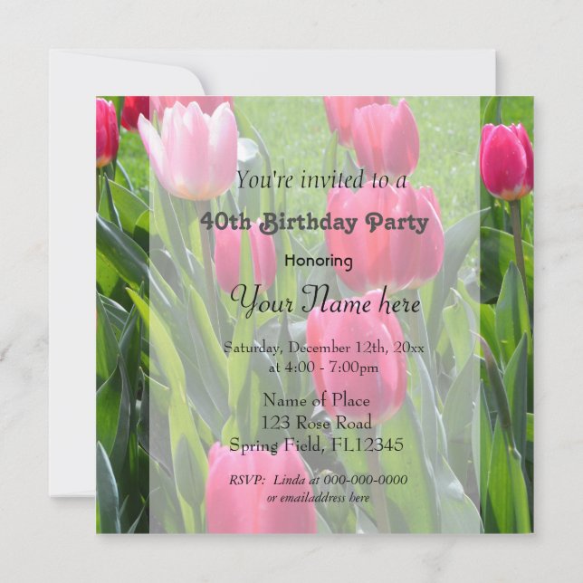 Invitación Magnífica fiesta de cumpleaños de tulipanes rosas  (Reverso)