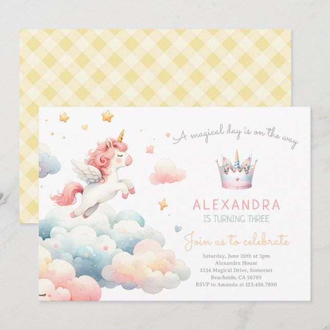 Invitación Magnífica fiesta de cumpleaños de Unicornio Pastel (Anverso / Reverso)
