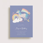 Invitación Magnífica fiesta de cumpleaños de unicornio y arco<br><div class="desc">Adorable ilustracion de cumpleaños de un unicornio,  arco iris,  estrella fugaz,  luna y corazones con la frase "Va a ser un cumpleaños mágico". La decoración está compuesta por una paleta de colores rosa,  amarillo,  violeta y azul pastel.</div>