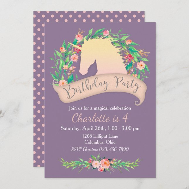 Invitación Magnífica fiesta de cumpleaños floral de unicornio (Anverso / Reverso)