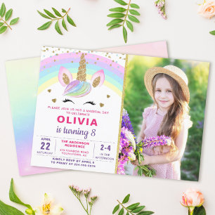 Invitación Magnífica foto de Chica de Rainbow Gold Unicorn Cu
