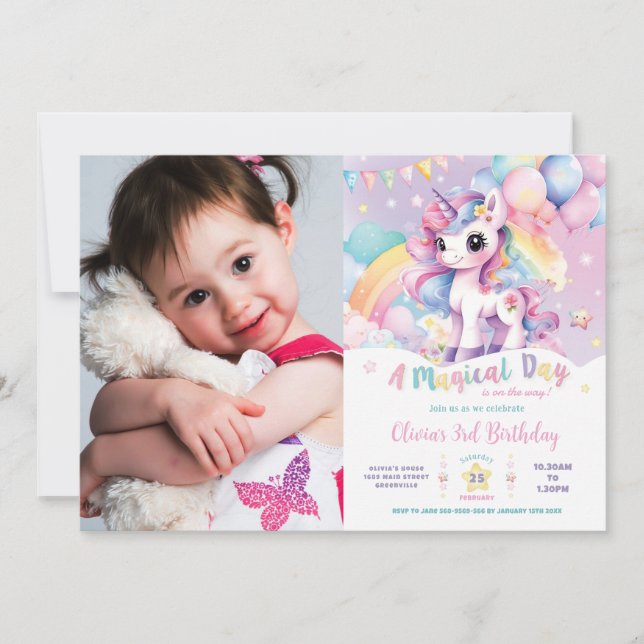 Invitación Magnífica foto de cumpleaños de Rainbow Unicorn (Anverso)