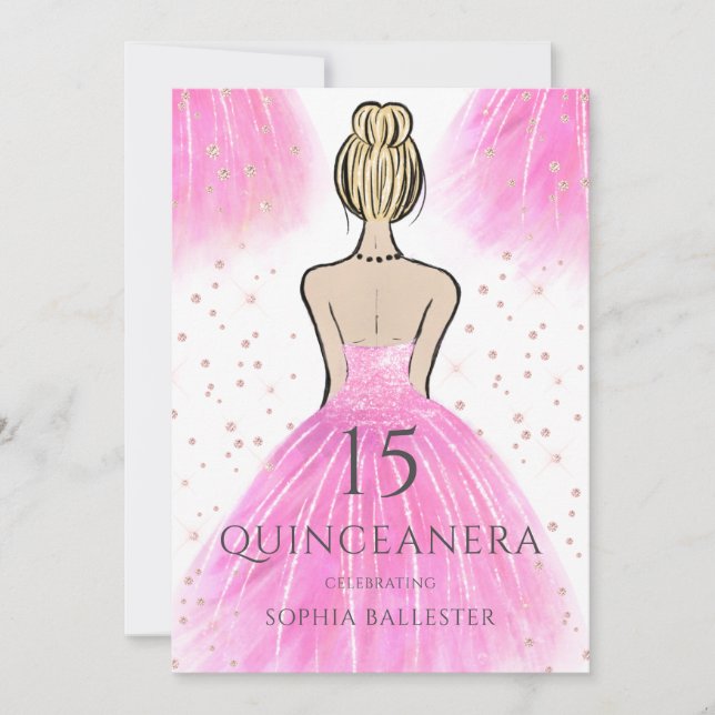 Invitación Magnífica princesa rosa vestida Fiesta Quinceanera (Anverso)