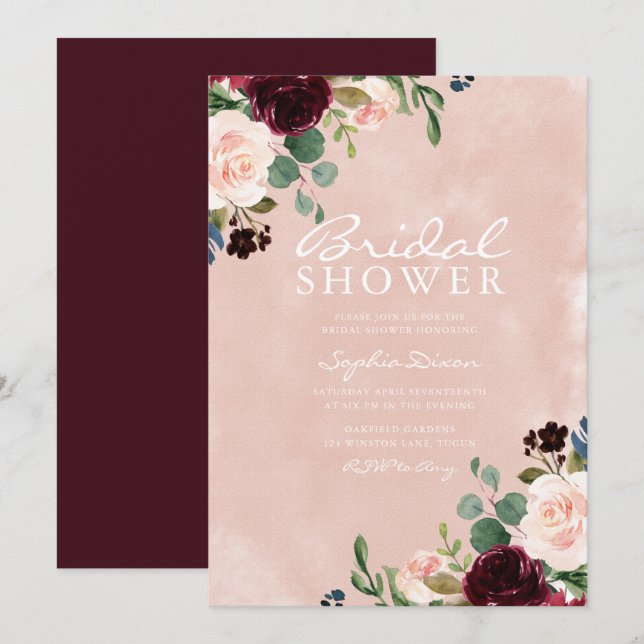 Invitación Magnífica Rubor Watercolor Burgundy Bridal Shower (Anverso / Reverso)