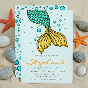 Invitación Magnífica sirena cola turquesa y cumpleaños dorado