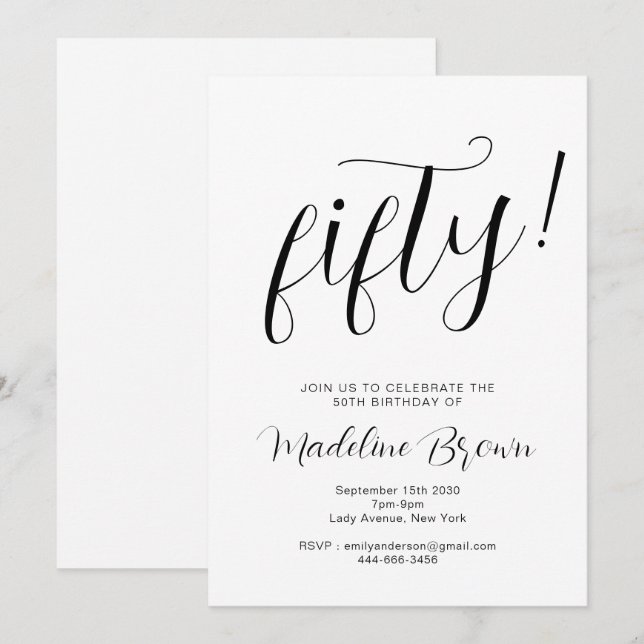 Invitación Magnífica tipografía blanco negro 50 cumpleaños (Anverso / Reverso)
