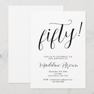 Invitación Magnífica tipografía blanco negro 50 cumpleaños