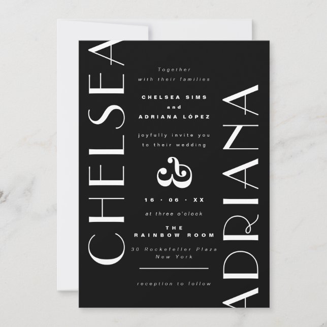 Invitación Magnífica tipografía Boda Casual Blanco Negro (Anverso)