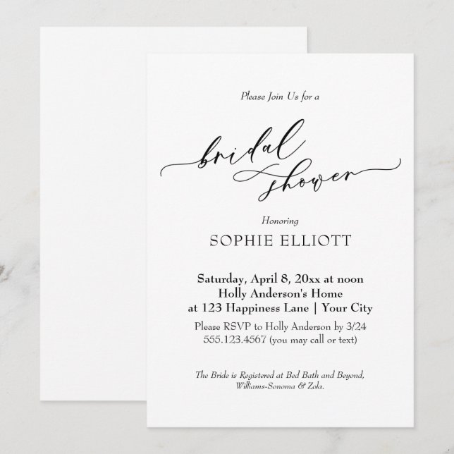 Invitación Magnífica tipografía de lujo Bridal Shower Simple (Anverso / Reverso)