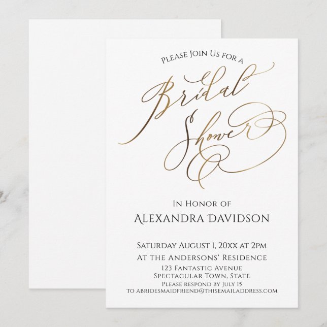 Invitación Magnífica tipografía de oro simple ducha de novia (Anverso / Reverso)