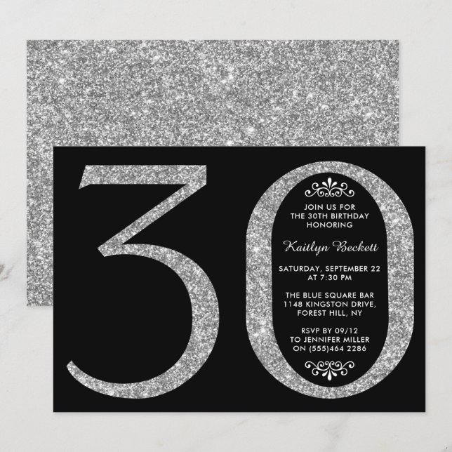 Invitación Magnífica tipografía Purpurina plateada 30 cumplea (Anverso / Reverso)