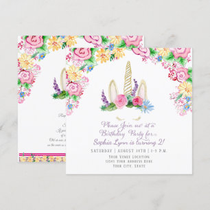 Invitación Magnífica unicornio Cuerno Niña Ducha Agua