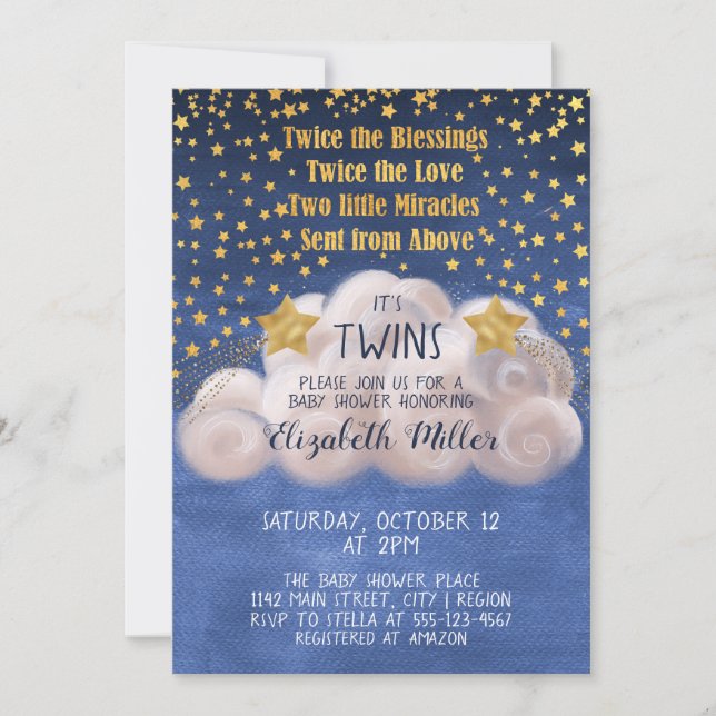 Invitación Magníficas estrellas doradas Marina Gemelos azules (Anverso)