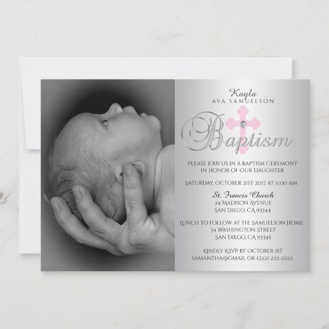 Invitación Magnífico bautismo de Chica de cruz rosa plateado (Anverso)